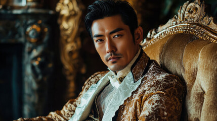 Handsome Man in Regal Attire Sitting on a Golden Chair
