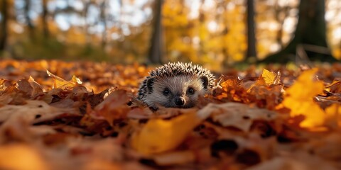 Obraz premium A hedgehog burrowing into a large pile of fallen leaves in a woodland clearing, surrounded by trees with vibrant autumn foliage