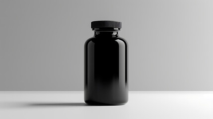 A black glass bottle with a black lid sits on a white surface against a white background. The bottle is empty.