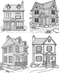 Obraz premium Vector set black and white country house coloring page 