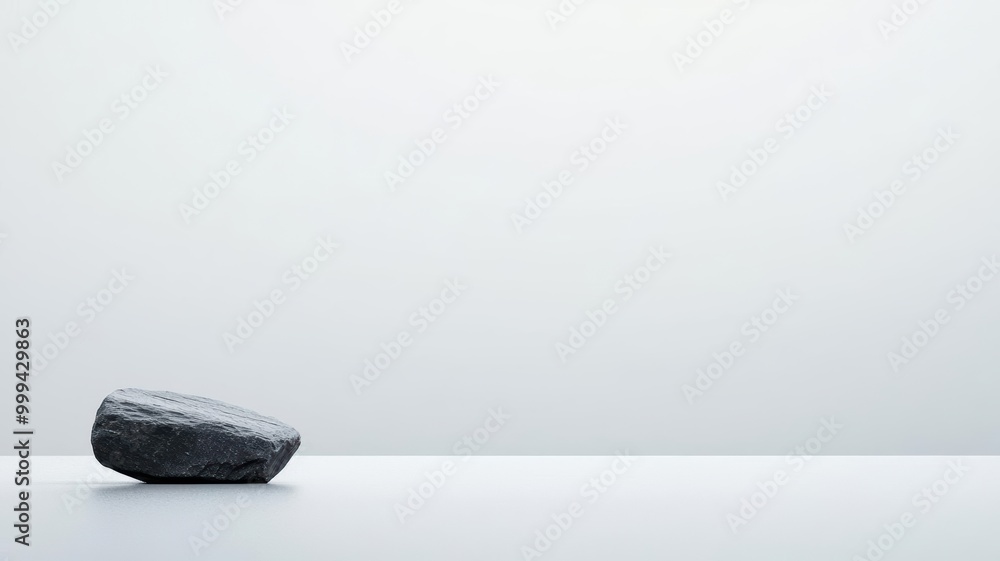 Poster a minimalist black stone sits on a smooth surface against a soft white backdrop, creating a serene a