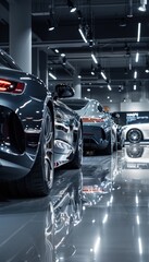 Obraz premium Luxury Sports Cars in Modern Showroom with Subtle Black Friday Sale Signage for Exclusive Discounts