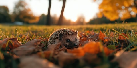 Fototapeta premium A hedgehog nestled beneath a pile of leaves and branches in a woodland in autumn