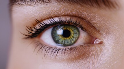 Obraz premium Close-up of a human eye featuring striking green iris and long eyelashes.