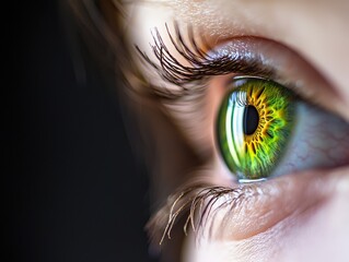 Close-up of a vibrant green eye with intricate details and eyelashes.