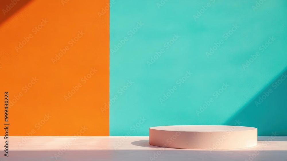 Poster a minimalistic display featuring a circular platform against a vibrant turquoise and orange backgrou
