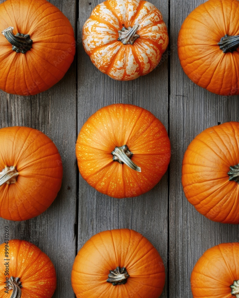 Wall mural Closeup of a variety of orange pumpkins arranged on a wooden surface