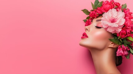A stunning beauty portrait featuring a woman adorned with vibrant flowers against a soft pink backdrop, exuding elegance and grace.