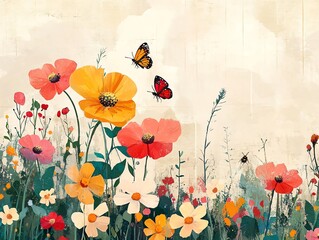 Watercolor painting of a garden with yellow, red and white flowers with butterflies flying around.