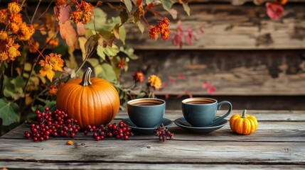 A table with two cups of coffee, surrounded by autumn flowers and berries in the background on wooden planks. A small pumpkin sits next to them. The scene is set against an old wooden wall. 