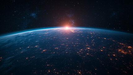 Earth at dawn, showcasing a vibrant sunrise over a bustling planet with city lights visible below