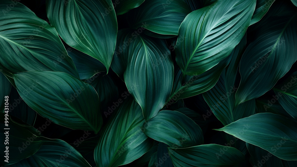 Poster Lush green leaves arranged in a dense pattern illuminated in soft light on a dark background