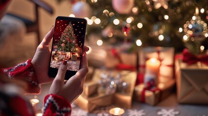 Woman is taking a photo of her christmas tree with her smartphone, capturing the festive atmosphere of the holiday season. Happy New Year and Merry Christmas. Wallpaper for the phone