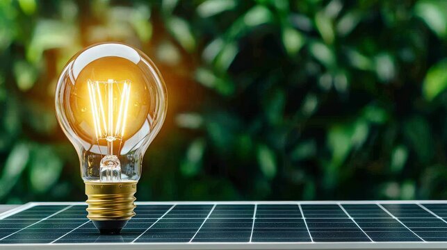 a solar panal is glowing a bulb on solar electricity, clean energy