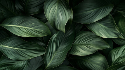 Lush green leaves overlapping in a dense arrangement, creating a vibrant natural tapestry