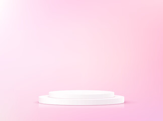 Empty pink studio room background. Pink background vector 3d with white podium. Space for selling products on the website. Vector illustration.