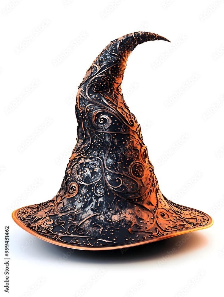 Poster mystical witch hat with ornate patterns floating on white background