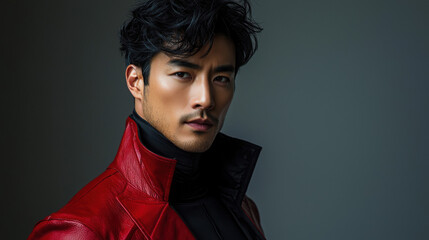 Portrait of a Handsome Asian Man in a Red Leather Jacket