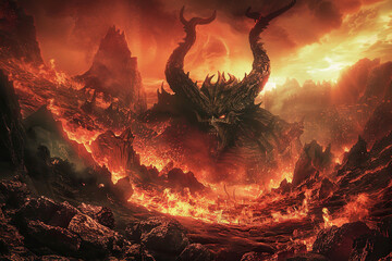Scary sinister devil is in hell with bright fire lighting on the background