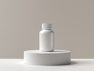 White bottle with a white cap on a white podium against a neutral background.