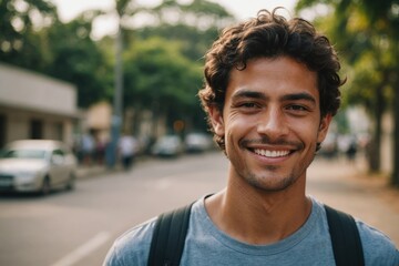Close portrait of a smiling young Brazilian man looking at the camera, Brazilian outdoors blurred background