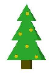 Pixelated Christmas tree (fir, spruce, pine) and decorative balls on it. Isolated on white background (backdrop). Holidays. Objects. Culture and religion. Vector illustration.