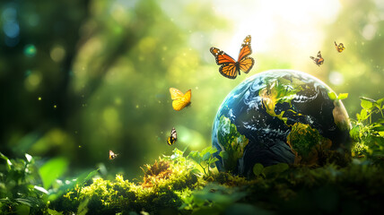 The world with butterflies flying around, symbolizing connection with nature.