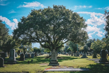 A fantastically mysterious cemetery with tombstones and scary atmosphere