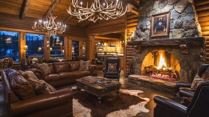 A cozy cabin-inspired living room with a stone fireplace