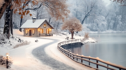 Rideaux Snowy road is leading to a cozy wooden cabin glowing in the warm light of the setting sun during winter time