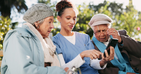 Phone, retirement and nurse with old women on park bench for assisted living, communication or...