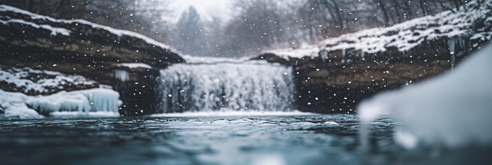 Frozen Cascade, a serene winter scene showcasing a majestic waterfall surrounded by delicate icicles glistening in the cold light.