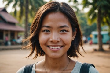 Close portrait of a smiling young Cambodian woman looking at the camera, Cambodian outdoors blurred background