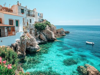 Whitewashed houses perched on a cliff overlooking a crystal-clear turquoise sea.