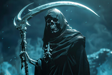 Scary grim reaper with scythe in hell on dark background with dramatic background