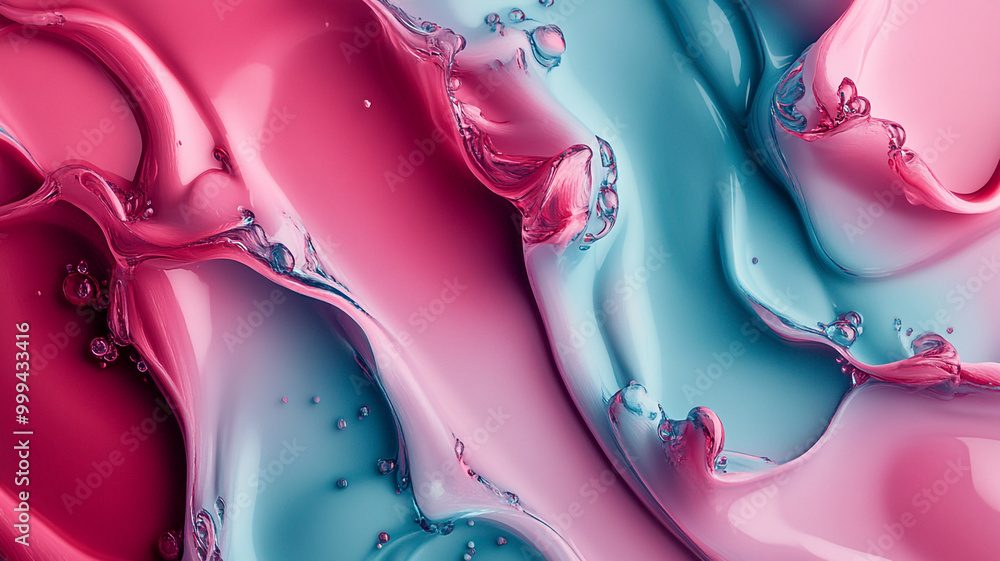 Poster colorful abstract liquid patterns in pink and blue with bubbles captured in close-up view