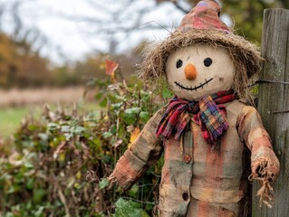 Charming scarecrow beside a fence in a countryside setting