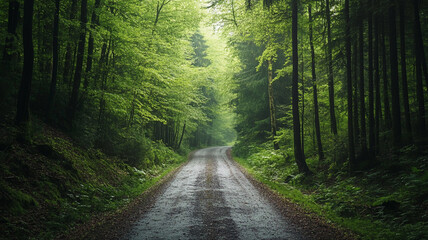 Fototapeta premium A tranquil forest road lined with lush greenery, inviting exploration on a serene day