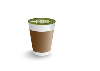Hot green tea latte in white paper container cup with brown sleeve in white background