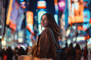 Stylish Woman with Shopping Bags in Bustling City Street at Night with Vibrant Digital Billboards