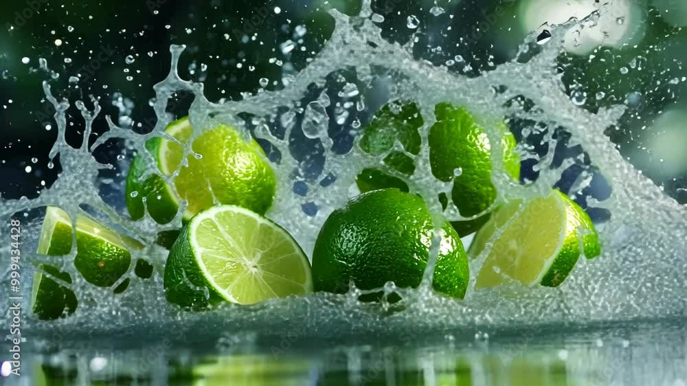 Poster limes splash into a pool of water, creating a refreshing scene