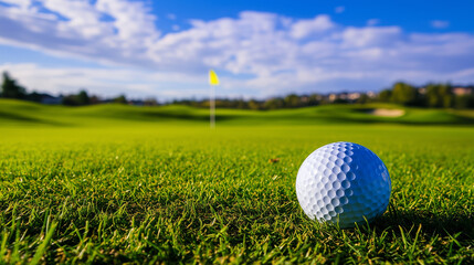 Obraz premium Close-up of a golf ball in the rough on a golf course with a clear sky and sunshine and a flag on the hole in the background.