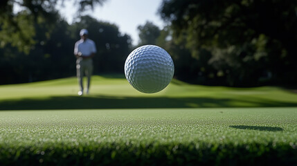 Fototapeta premium Golfer Approaches Ball in Mid-Air ball into the hole on a green course, enjoying a game of golf outdoors