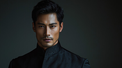 Handsome Asian Man in Black Suit