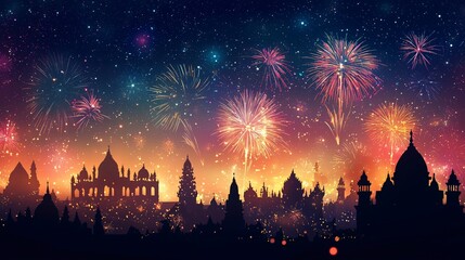 Festive Fireworks Display Over Cityscape Silhouette at Night