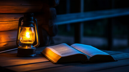 Ancient magical scriptures are read by the light of a lantern at night in a mysterious atmosphere.