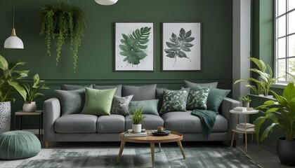 A modern living room with a gray sectional sofa, green accent pillows, and two framed wall art pieces featuring green leaves and splatter patterns against a dark green wall.