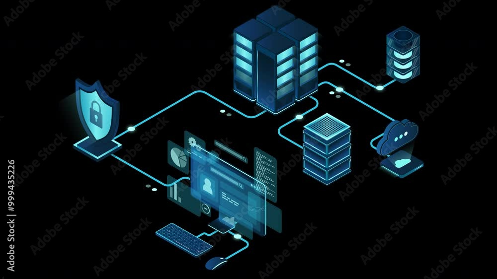 Poster vpn protection animation with a shield. virtual private network security technology concept. cyber s