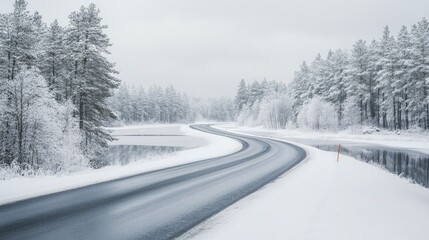 A rural road winding through a snow-dusted forest, with frozen lakes on either side, reflecting the grey winter sky and creating a mirrored winter wonderland