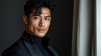 Portrait of Handsome Young Asian Man in Black Suit